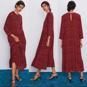 Zara Red and Black Animal Print Midi Dress Size M